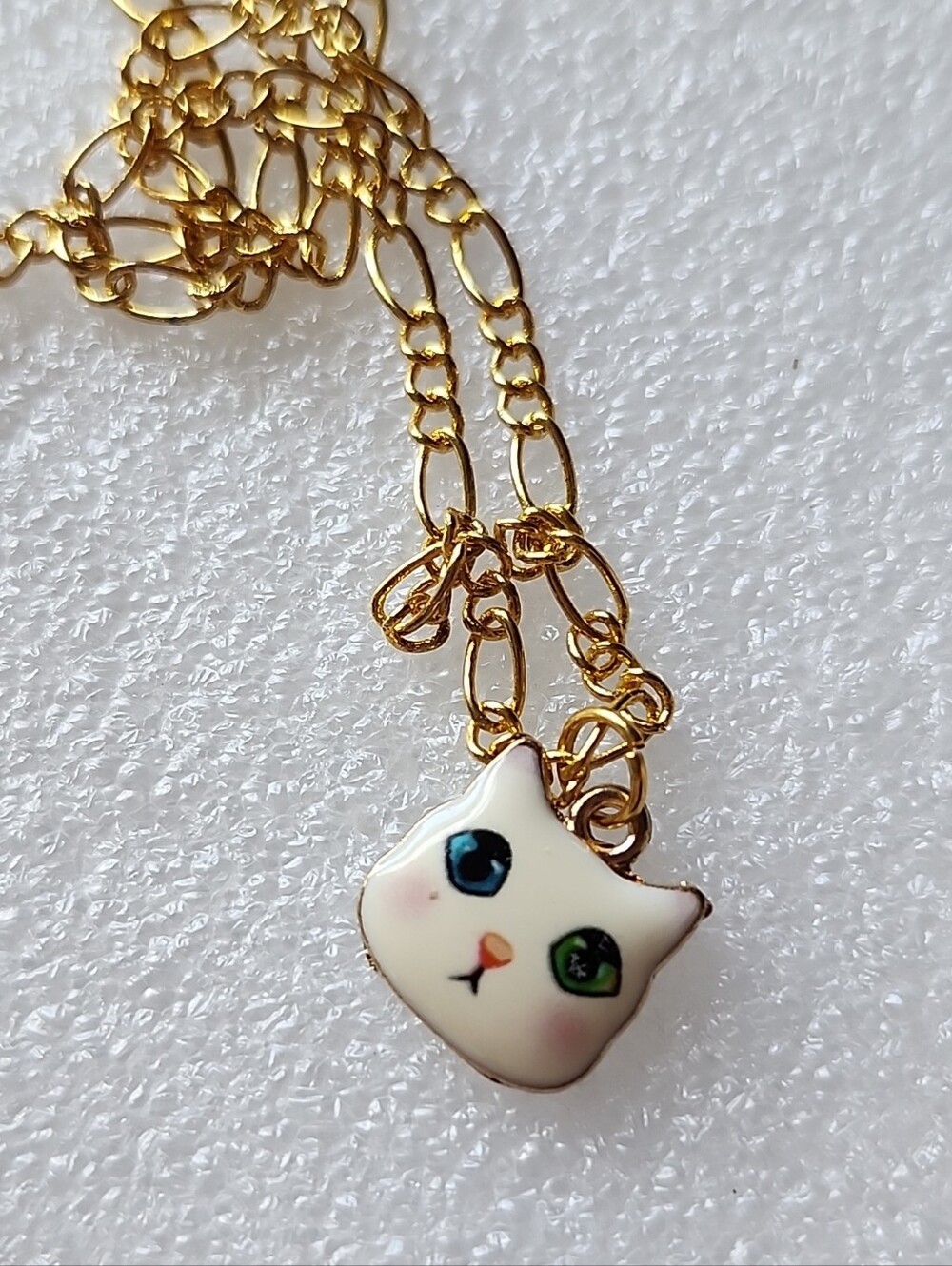 Hand Crafted Gold Tone Necklace with White Cat Face Charm